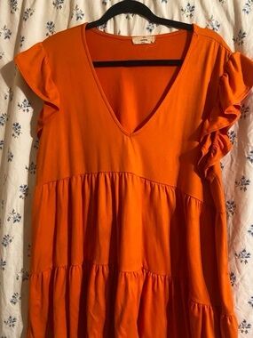 V-Neck Orange Tiered Ruffle Sleeve Tunic by
